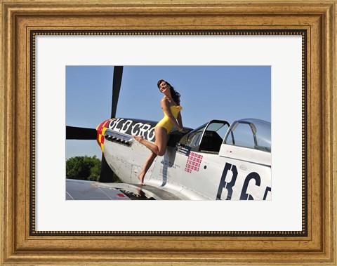 Framed Beautiful 1940&#39;s style pin-up girl posing with a P-51 Mustang Print