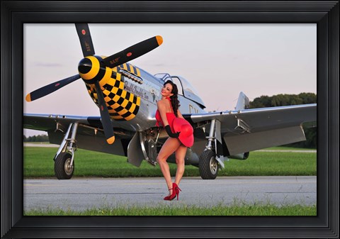 Framed Sexy 1940&#39;s style pin-up girl posing with a P-51 Mustang Print