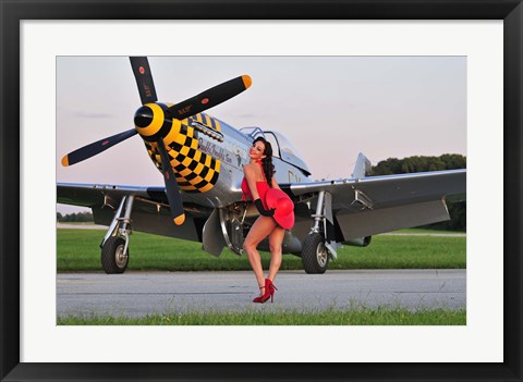 Framed Sexy 1940&#39;s style pin-up girl posing with a P-51 Mustang Print