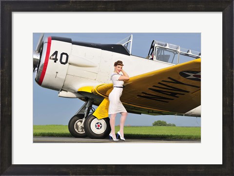 Framed 1940&#39;s style Navy pin-up girl leaning on the wing of a T-6 Texan Print