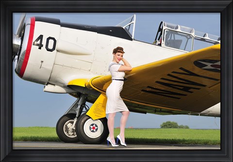 Framed 1940&#39;s style Navy pin-up girl leaning on the wing of a T-6 Texan Print