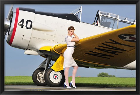 Framed 1940&#39;s style Navy pin-up girl leaning on the wing of a T-6 Texan Print