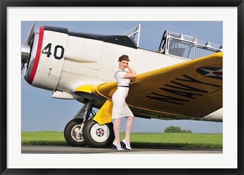 Framed 1940&#39;s style Navy pin-up girl leaning on the wing of a T-6 Texan Print