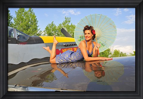 Framed 1940&#39;s style pin-up girl with parasol on a vintage P-51 Mustang Print