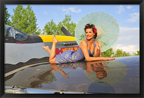 Framed 1940&#39;s style pin-up girl with parasol on a vintage P-51 Mustang Print