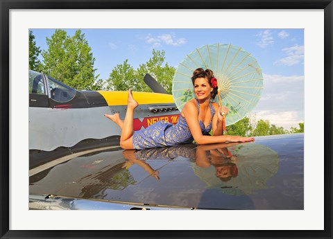 Framed 1940&#39;s style pin-up girl with parasol on a vintage P-51 Mustang Print