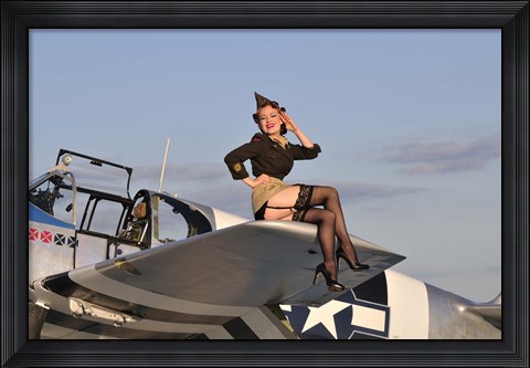 Framed Pin-up girl sitting on the wing of a P-51 Mustang Print