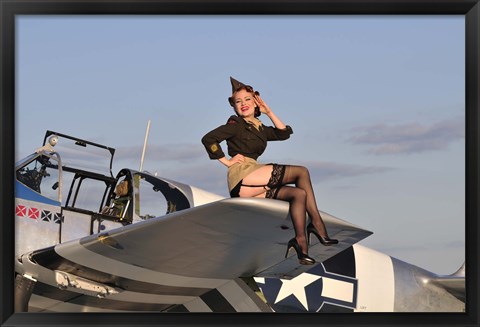 Framed Pin-up girl sitting on the wing of a P-51 Mustang Print