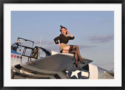 Framed Pin-up girl sitting on the wing of a P-51 Mustang Print