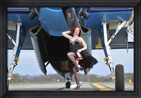 Framed 1940&#39;s style pin-up girl in cocktail dress posing in front of a TBM Avenger Print
