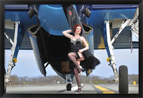 Framed 1940&#39;s style pin-up girl in cocktail dress posing in front of a TBM Avenger Print