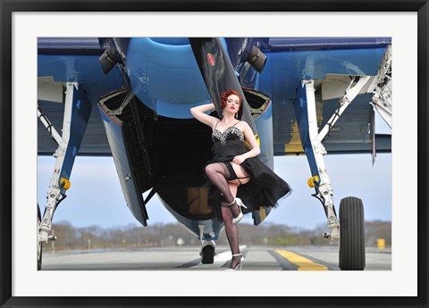 Framed 1940&#39;s style pin-up girl in cocktail dress posing in front of a TBM Avenger Print