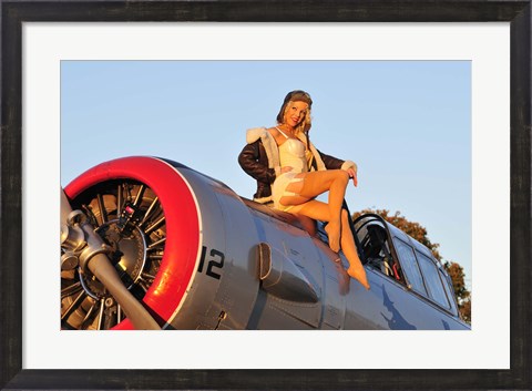 Framed 1940&#39;s style aviator pin-up girl posing with a vintage T-6 Texan aircraft Print
