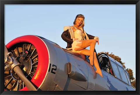 Framed 1940&#39;s style aviator pin-up girl posing with a vintage T-6 Texan aircraft Print