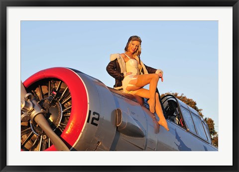 Framed 1940&#39;s style aviator pin-up girl posing with a vintage T-6 Texan aircraft Print