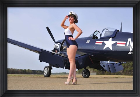 Framed 1940&#39;s Navy pin-up girl posing with a vintage Corsair aircraft Print