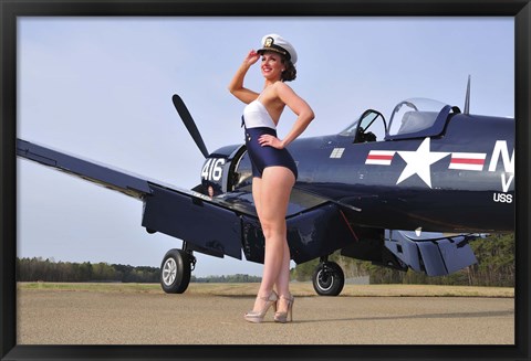 Framed 1940&#39;s Navy pin-up girl posing with a vintage Corsair aircraft Print