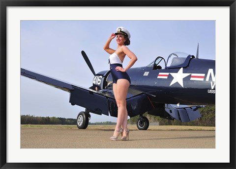 Framed 1940&#39;s Navy pin-up girl posing with a vintage Corsair aircraft Print