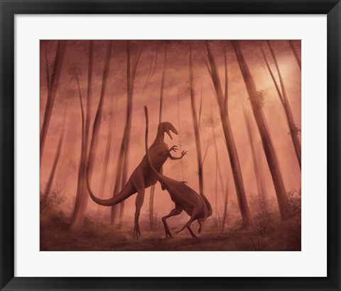 Framed Two Bicentenaria argentina dinosaurs fighting in the woods Print