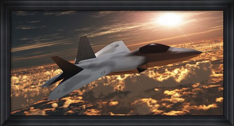 Framed F-22 fighter jet flies at an altitude above the cloud layer on its mission Print