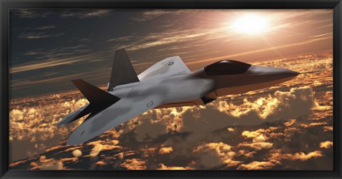 Framed F-22 fighter jet flies at an altitude above the cloud layer on its mission Print