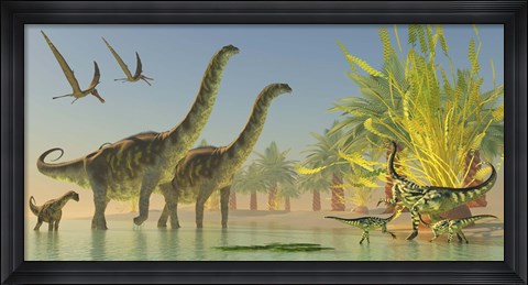 Framed Deinocheirus dinosaurs watch a group of Argentinosaurus walk through shallow waters Print