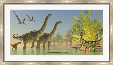 Framed Deinocheirus dinosaurs watch a group of Argentinosaurus walk through shallow waters Print