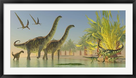 Framed Deinocheirus dinosaurs watch a group of Argentinosaurus walk through shallow waters Print