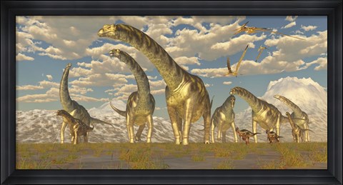 Framed Hypsilophodon and pteranodon dinosaurs accompany a herd of Argentinosaurus Print