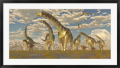 Framed Hypsilophodon and pteranodon dinosaurs accompany a herd of Argentinosaurus Print