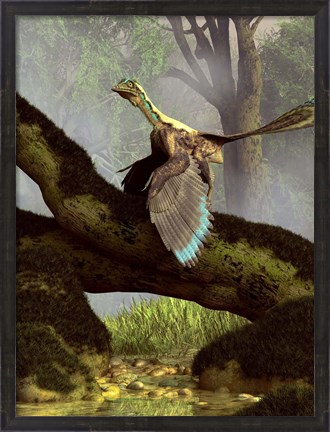 Framed Archaeopteryx on a log above a stream Print