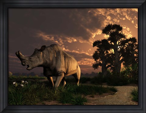 Framed Megacerops grazing a prehistoric landscape Print