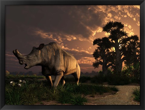 Framed Megacerops grazing a prehistoric landscape Print