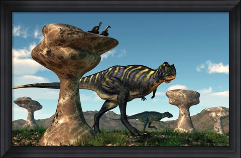 Framed pair of Aucasaurus dinosaurs walk amongst a forest of stone sculptures Print