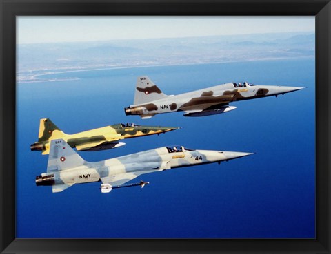 Framed Three F-5E Tiger II fighter aircraft in flight Print