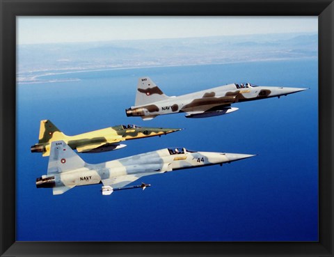 Framed Three F-5E Tiger II fighter aircraft in flight Print