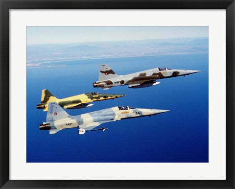 Framed Three F-5E Tiger II fighter aircraft in flight Print