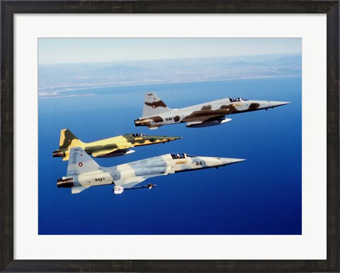Framed Three F-5E Tiger II fighter aircraft in flight Print