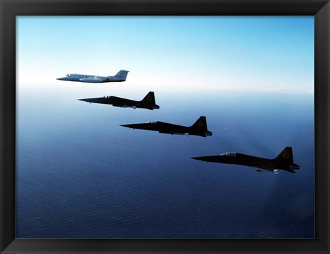 Framed Three F-5E Tiger IIs fly in formation with a Learjet 25 Print