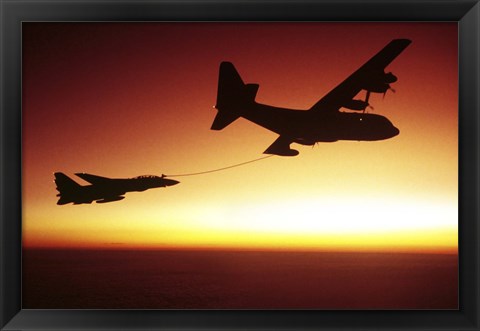 Framed US Navy F-14A Tomcat aerial refueling from a KC-130 Hercules Print