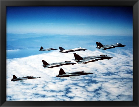 Framed Four F-14 Tomcats and three F-5 Tiger IIs in flight Print