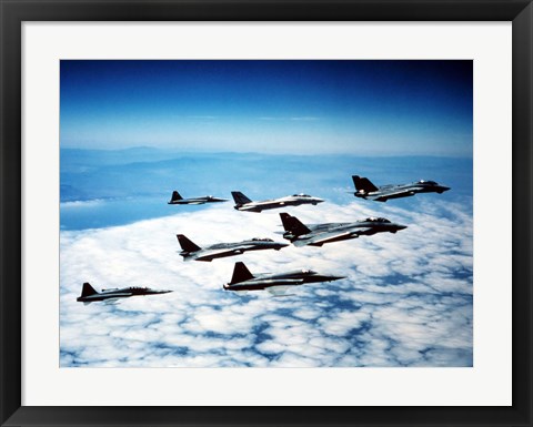 Framed Four F-14 Tomcats and three F-5 Tiger IIs in flight Print