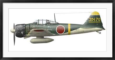 Framed Illustration of a Mitsubishi A6M2 Zero fighter plane Print