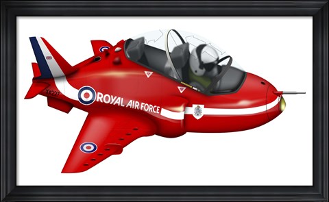 Framed Cartoon illustration of a Royal Air Force Red Arrows Hawk airplane Print