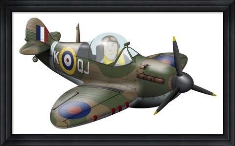 Framed Cartoon illustration of a Royal Air Force Supermarine Spitfire Print