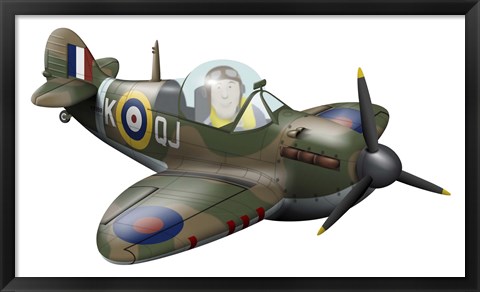 Framed Cartoon illustration of a Royal Air Force Supermarine Spitfire Print