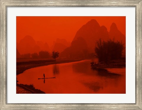 Framed Limestone Mountains, Li River Fishermen, Yangshou, Guilin, China Print