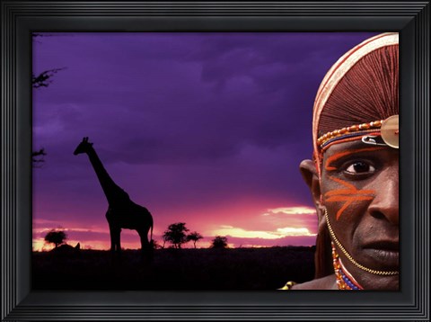 Framed Maasai Warrior with Sunset on the Serengeti, Kenya Print