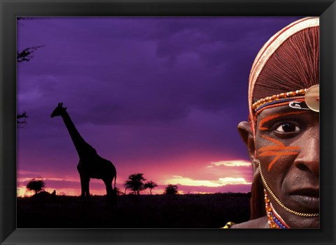 Framed Maasai Warrior with Sunset on the Serengeti, Kenya Print