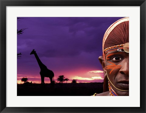 Framed Maasai Warrior with Sunset on the Serengeti, Kenya Print